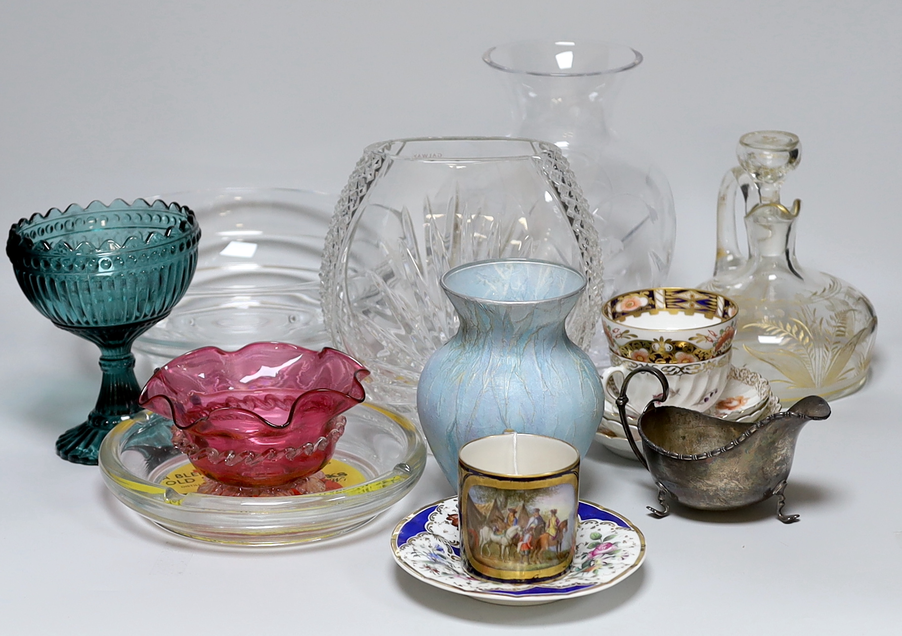 A boxed Tiffany glassvase other glassware and porcelain tea wares, Tiffany vase 23cm high
